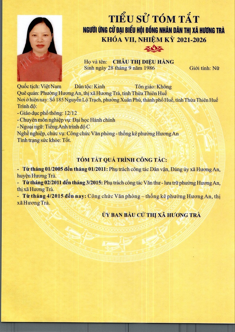 Tiểu sử và chương trình hành động của bà Châu Thị Diệu Hằng, ứng cử Đại biểu HĐND thị xã khóa VII, nhiệm kỳ 2021 - 2026